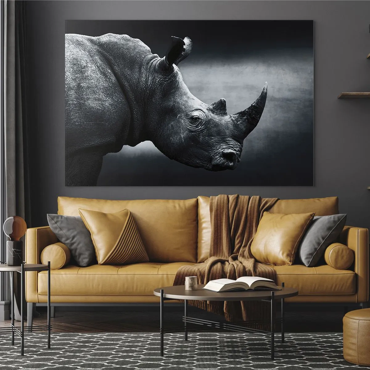 Obraz na skle - Černobílý snímek nosorožce - 70x50cm - Pravý profil - Moderní nástěnná dekorace do obývacího pokoje a ložnice ARTTOR