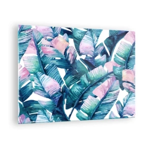 Obraz na skle - Banánové listy v pastelových odstínech na bílém pozadí - 70x50cm - V banánovém háji - Moderní nástěnná dekorace do obývacího pokoje a ložnice ARTTOR