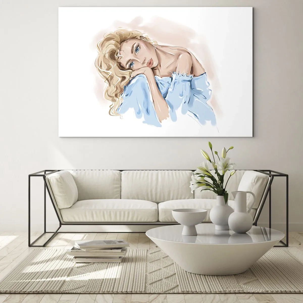 Obraz na skle - Portrét blondýnky v modrých šatech s promyšleným pohledem - 70x50cm - Zasněná v modré - Moderní nástěnná dekorace do obývacího pokoje a ložnice ARTTOR