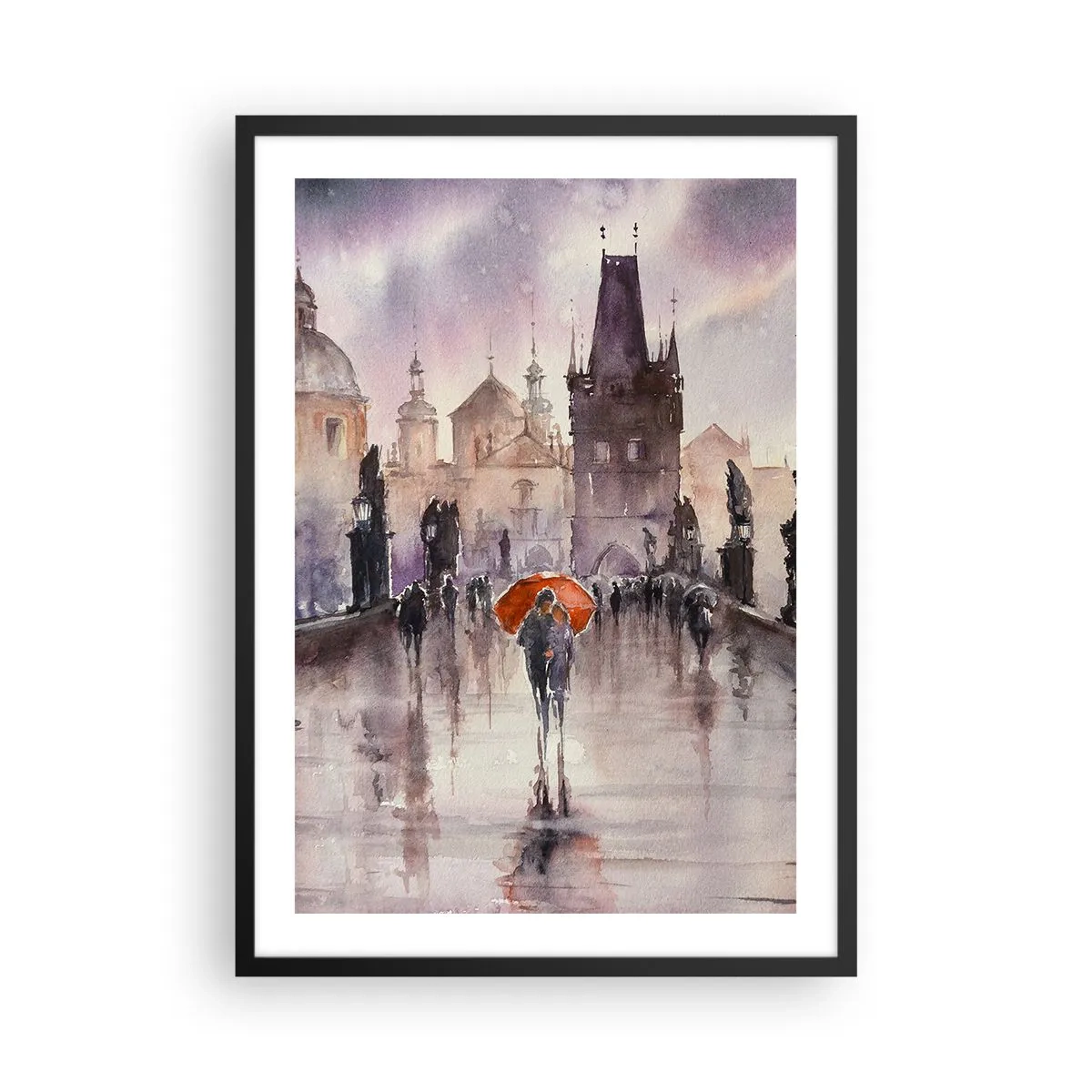 Plakát v černém rámu - Romantická procházka po mostě za deštivého dne - 50x70cm - Lidé se nemění - Moderní nástěnná dekorace do obývacího pokoje a ložnice ARTTOR
