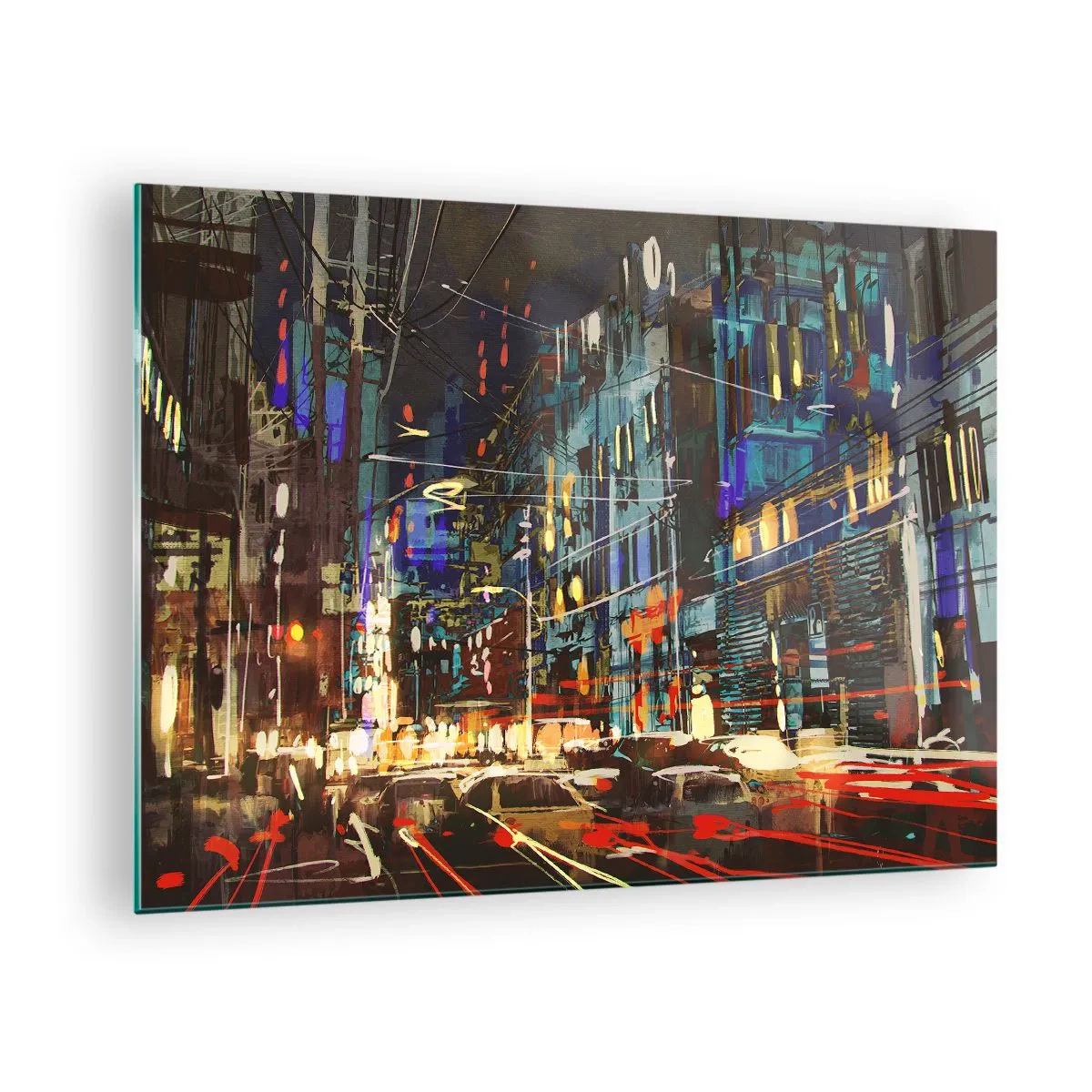 Obraz na skle - Večerní městská ulice s neonovými světly a dopravou - 70x50cm - Večerní pouliční ruch - Moderní nástěnná dekorace do obývacího pokoje a ložnice ARTTOR