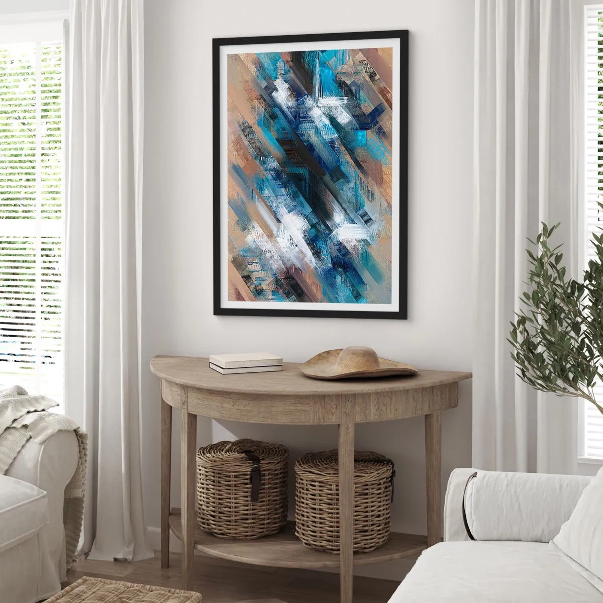 Plakát v černém rámu - Abstraktní kompozice s diagonálními čarami v odstínech modré. - 50x70cm - Na modrém úkosu - Moderní nástěnná dekorace do obývacího pokoje a ložnice ARTTOR