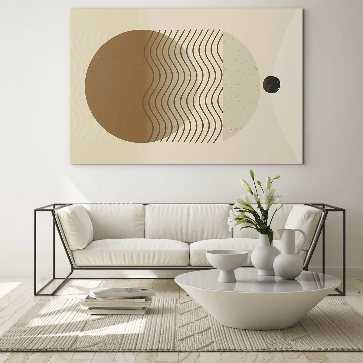 Obraz na skle - Geometrická kompozice s vlnami a kruhy v béžových barvách - 70x50cm - O původu geometrických obrazců - Moderní nástěnná dekorace do obývacího pokoje a ložnice ARTTOR