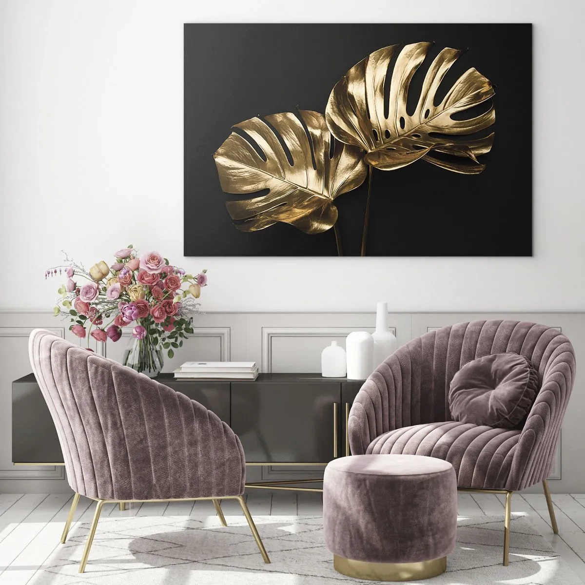 Obraz na skle - Zlaté listy monstery na černém pozadí - 70x50cm - Poklady přírody - Moderní nástěnná dekorace do obývacího pokoje a ložnice ARTTOR