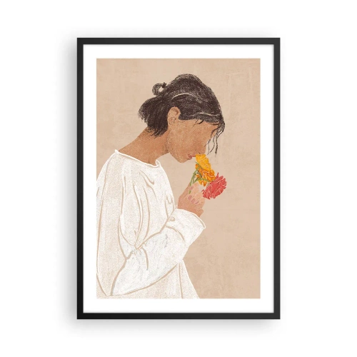 Plakát v černém rámu - Žena v bílém odráží květiny - 50x70cm - Dívka a květiny - Moderní nástěnná dekorace do obývacího pokoje a ložnice ARTTOR
