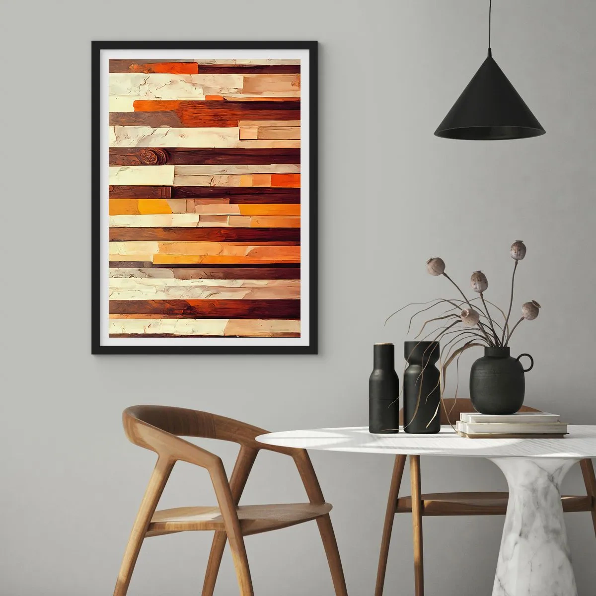 Plakát v černém rámu - Abstraktní kompozice dřevěných panelů v teplých barvách. - 50x70cm - Hymna lesních stromů - Moderní nástěnná dekorace do obývacího pokoje a ložnice ARTTOR