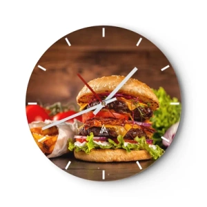 Nástěnné hodiny - Šťavnatý burger s polevou na dřevěném pozadí - 30x30cm - Zakázané ovoce - Moderní nástěnná dekorace do obývacího pokoje, kuchyně a ložnice ARTTOR