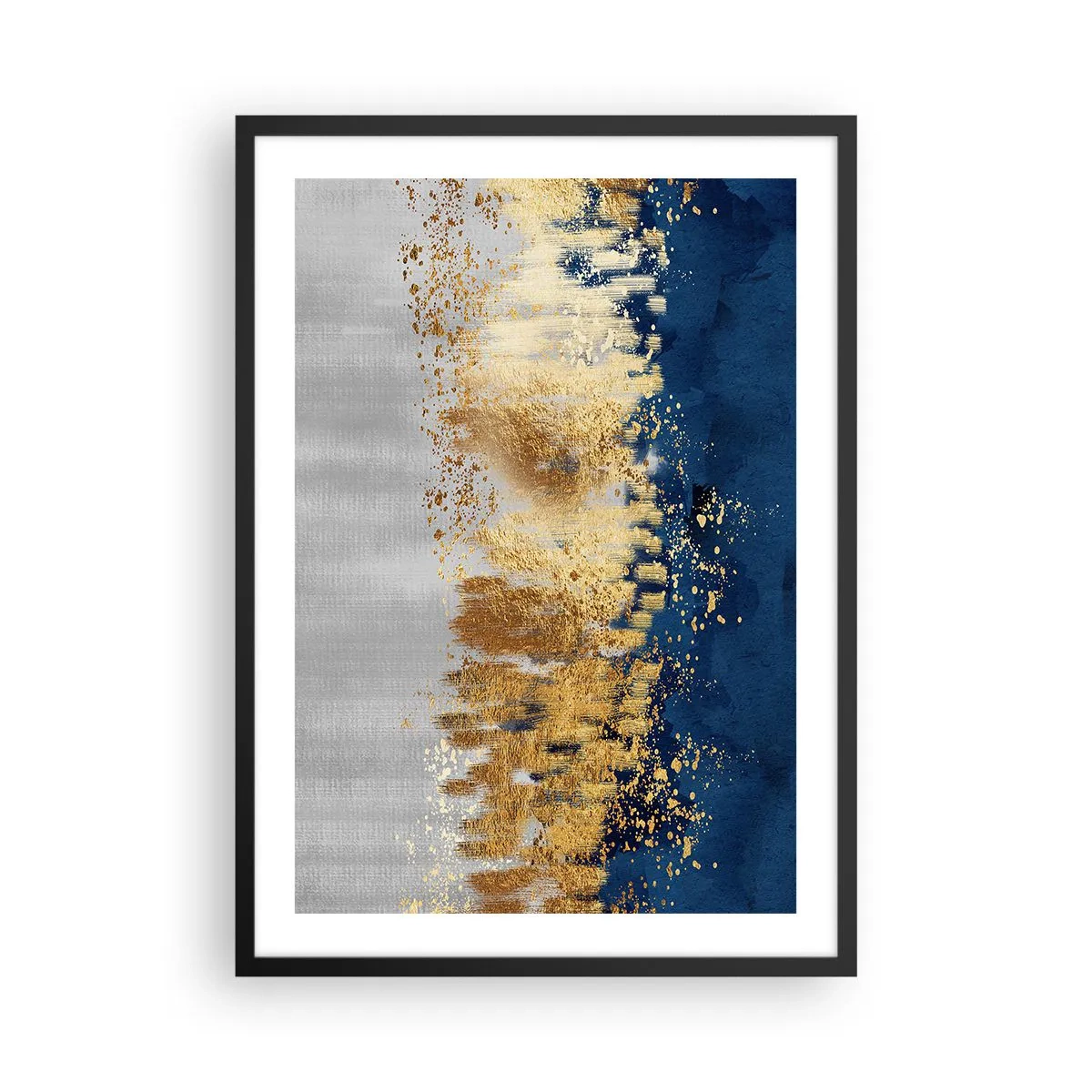 Plakát v černém rámu - Abstraktní kompozice v odstínech tmavě modré, zlaté a stříbrné - 50x70cm - Moderní kompozice s jiskrou - Moderní nástěnná dekorace do obývacího pokoje a ložnice ARTTOR
