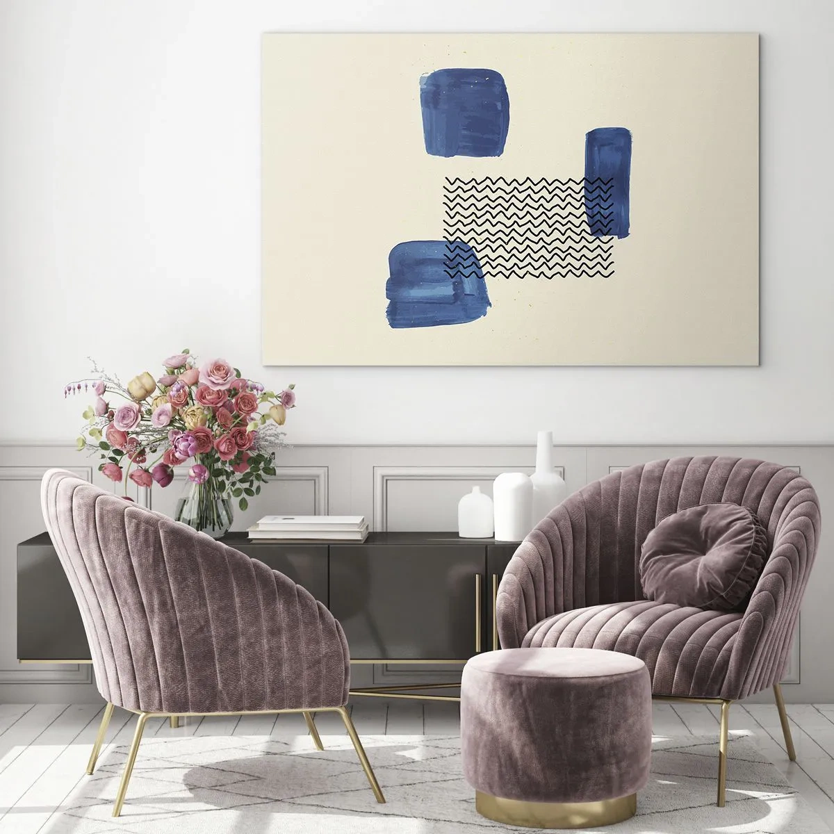 Obraz na skle - Moderní abstrakce s modrými akcenty - 70x50cm - Abstraktní kvarteto - Moderní nástěnná dekorace do obývacího pokoje a ložnice ARTTOR