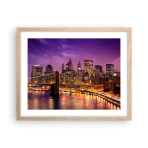 Plakát v rámu světlý dub - Fialovo-zlatý Manhattan - 50x40 cm