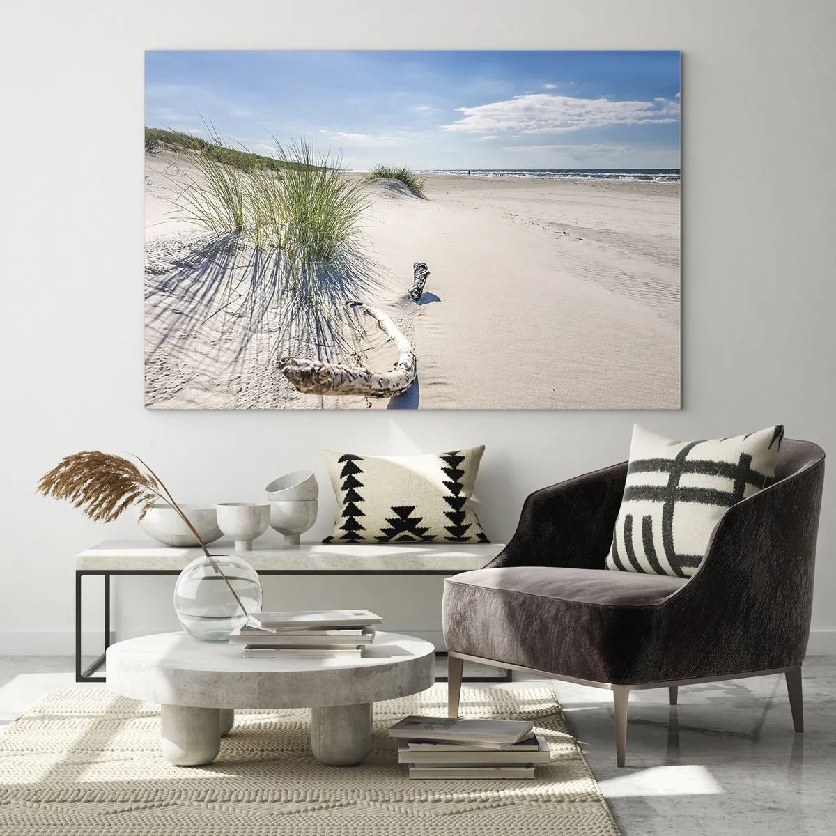 Obraz na skle - Slunečná pláž s dunami a mořskou trávou - 70x50cm - Nejkrásnější? Baltská - Moderní nástěnná dekorace do obývacího pokoje a ložnice ARTTOR