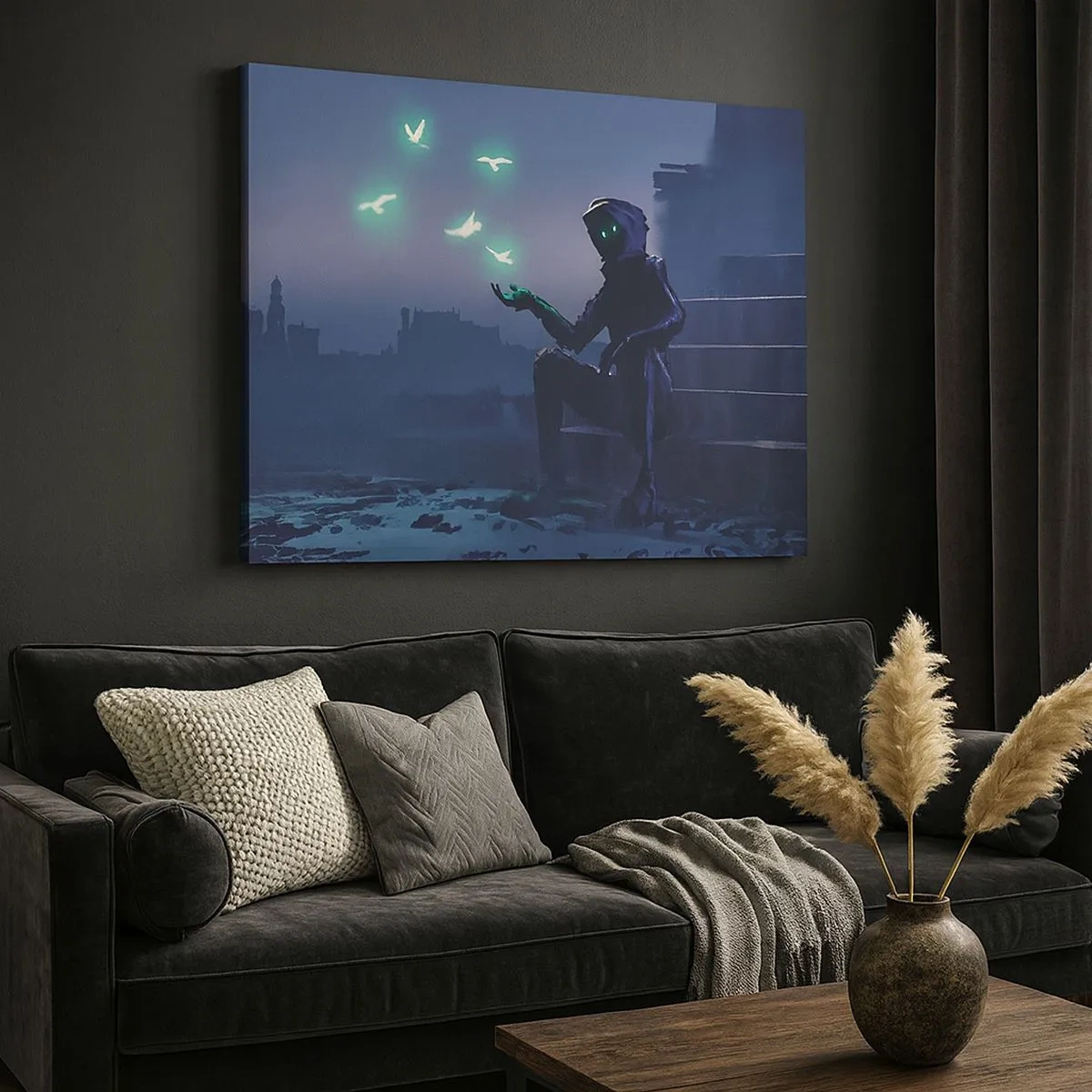 Obraz na plátně - Postava v kápi s magickými ptáky na pozadí města - 70x50cm - Život se vrátí - Moderní nástěnná dekorace do obývacího pokoje a ložnice ARTTOR