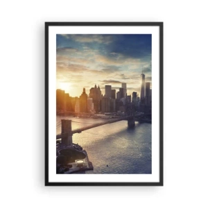 Plakát v černém rámu - Pohled na Manhattan při západu slunce s Brooklynským mostem - 50x70cm - Pomník kultury Západu - Moderní nástěnná dekorace do obývacího pokoje a ložnice ARTTOR