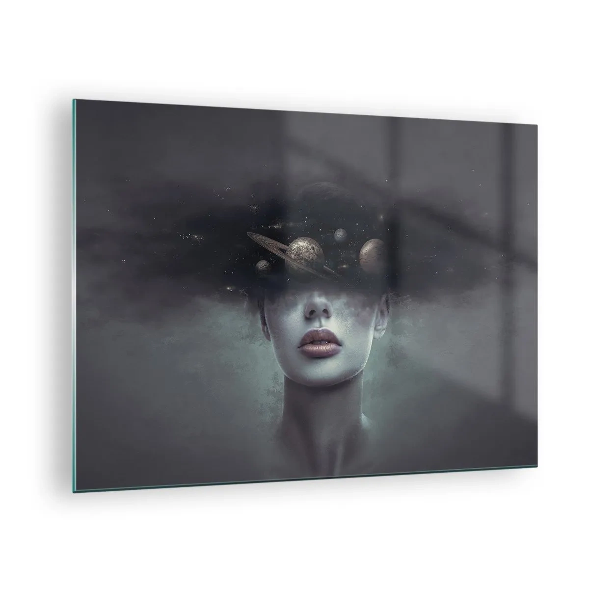 Obraz na skle - Žena s planetami místo hlavy v surrealistické kompozici - 70x50cm - A planety… - Moderní nástěnná dekorace do obývacího pokoje a ložnice ARTTOR