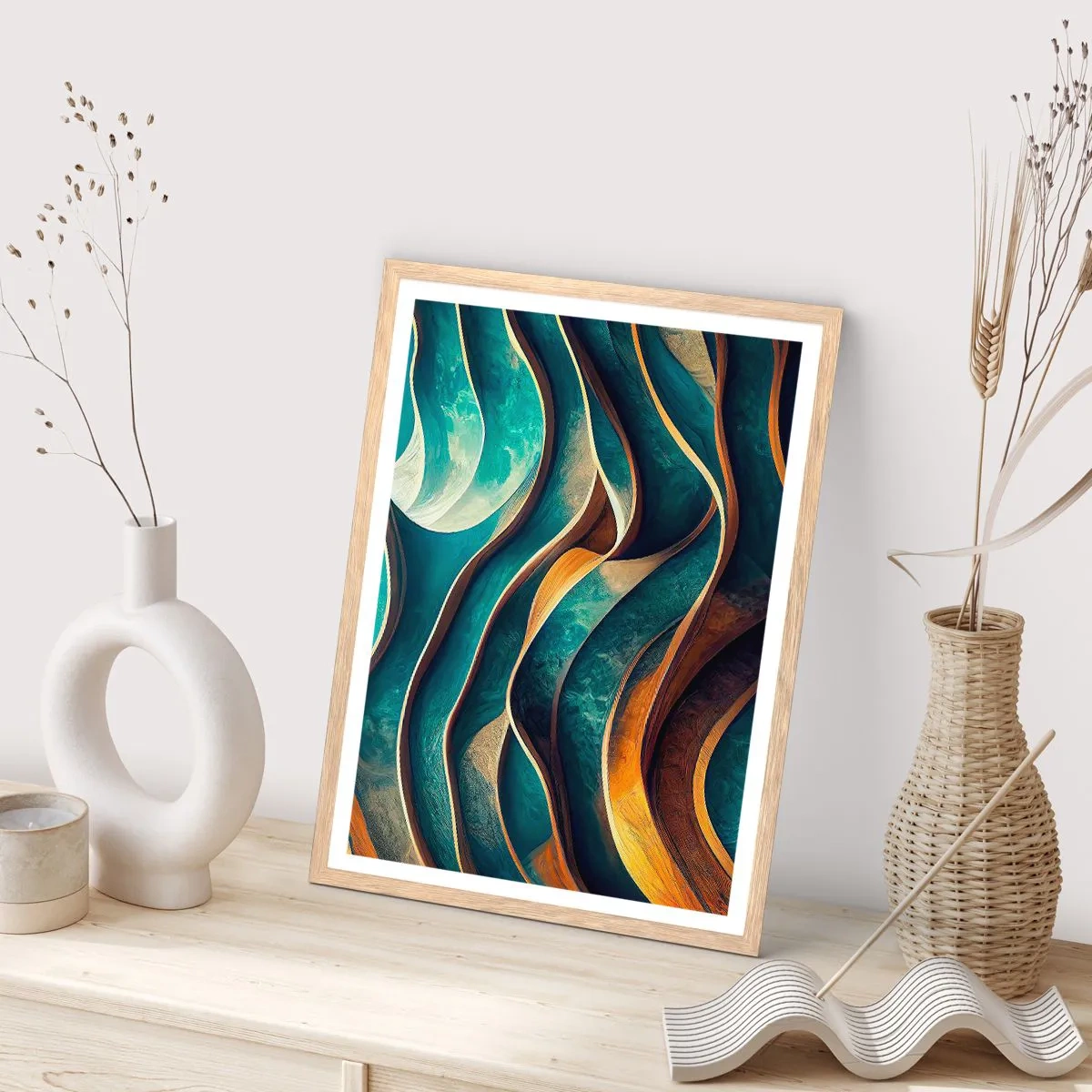 Plakát v rámu světlý dub - Meandry modré - 50x70 cm