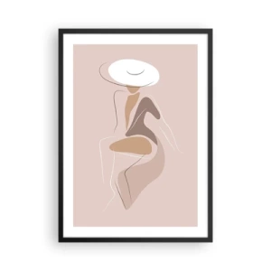 Plakát v černém rámu - Minimalistický obrázek ženy v klobouku na béžovém pozadí. - 50x70cm - Jak vypadá pravá dáma? - Moderní nástěnná dekorace do obývacího pokoje a ložnice ARTTOR