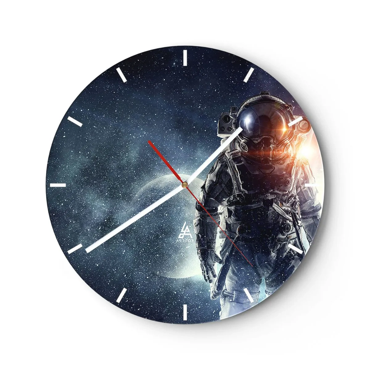 Nástěnné hodiny - Astronaut ve vesmíru s planetou a hvězdami v pozadí - 30x30cm - Vesmírné dobrodružství - Moderní nástěnná dekorace do obývacího pokoje, kuchyně a ložnice ARTTOR