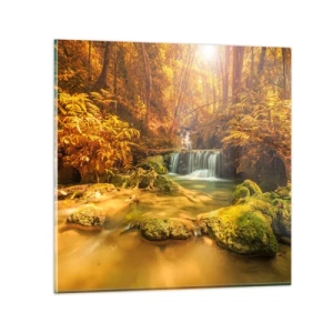 Obraz na skle - Lesní vodopád ve zlaté - 60x60 cm