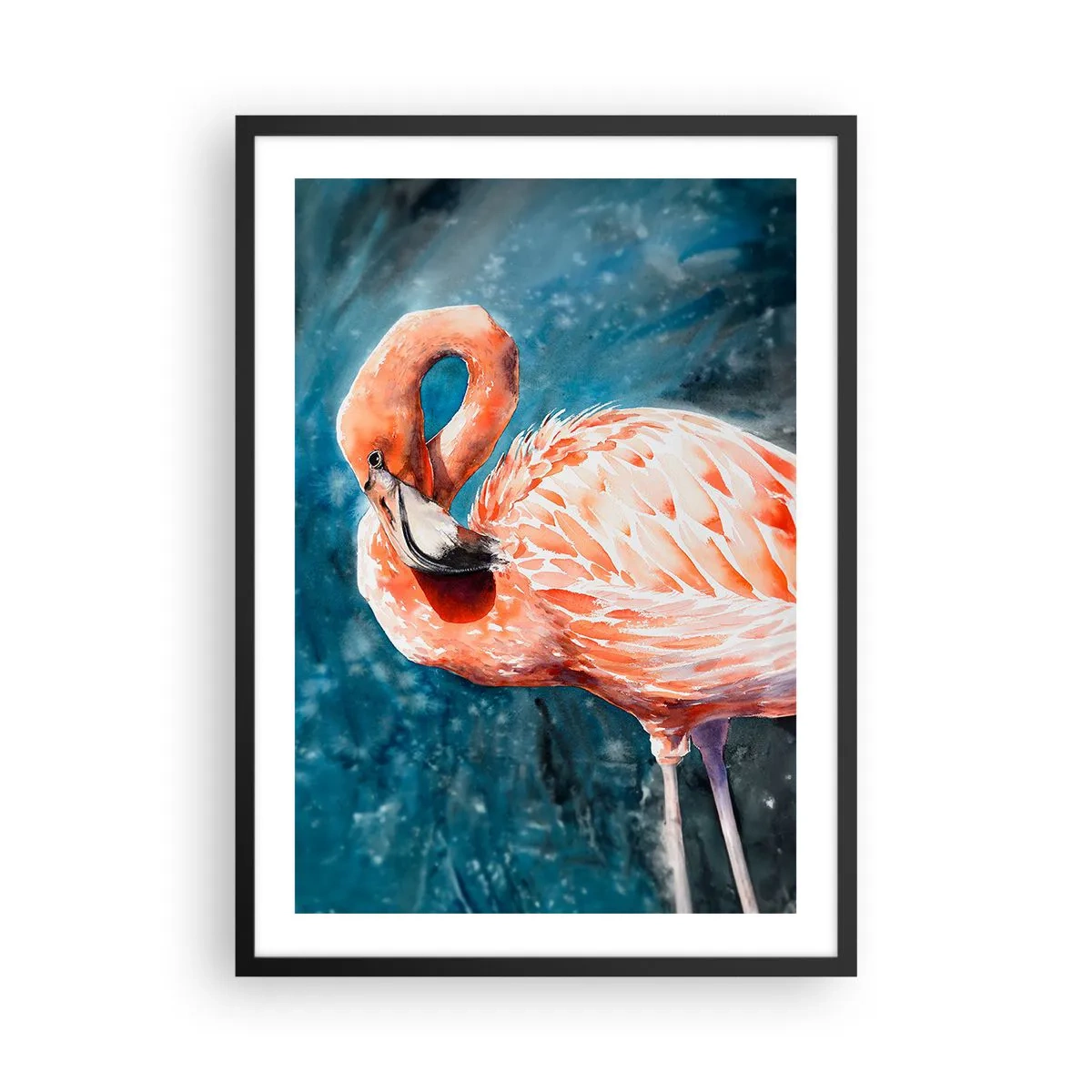 Plakát v černém rámu - Akvarelový plameňák na pozadí tyrkysové vody - 50x70cm - Dekorativní od přírody - Moderní nástěnná dekorace do obývacího pokoje a ložnice ARTTOR