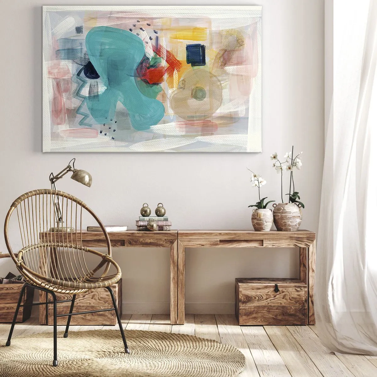 Obraz na plátně - Abstraktní tvary a barvy vytvářejí dynamickou kompozici - 70x50cm - Barevná hra - Moderní nástěnná dekorace do obývacího pokoje a ložnice ARTTOR