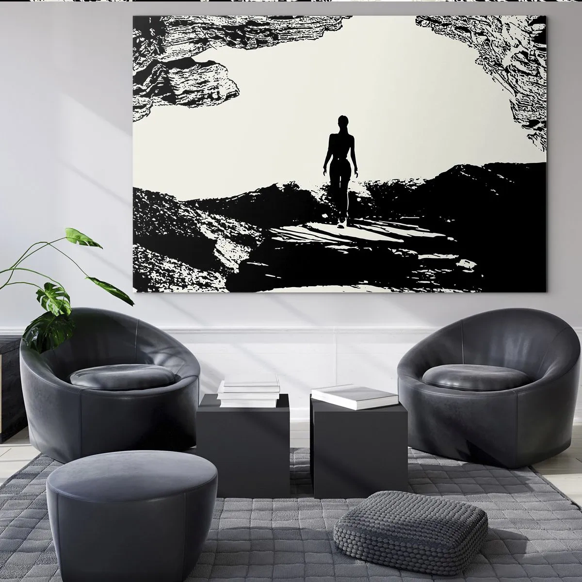 Obraz na skle - Silueta ženy vycházející z jeskyně v černobílé grafice - 70x50cm - Nový pohled - Moderní nástěnná dekorace do obývacího pokoje a ložnice ARTTOR