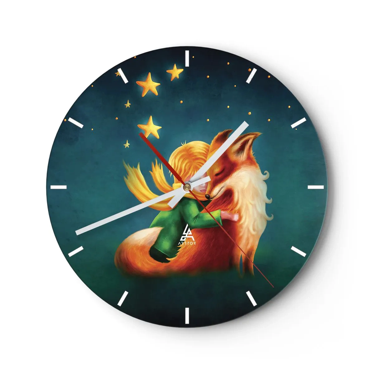 Nástěnné hodiny - Malý princ objímá lišku pod hvězdnou oblohou - 30x30cm - Malý princ - Moderní nástěnná dekorace do obývacího pokoje, kuchyně a ložnice ARTTOR