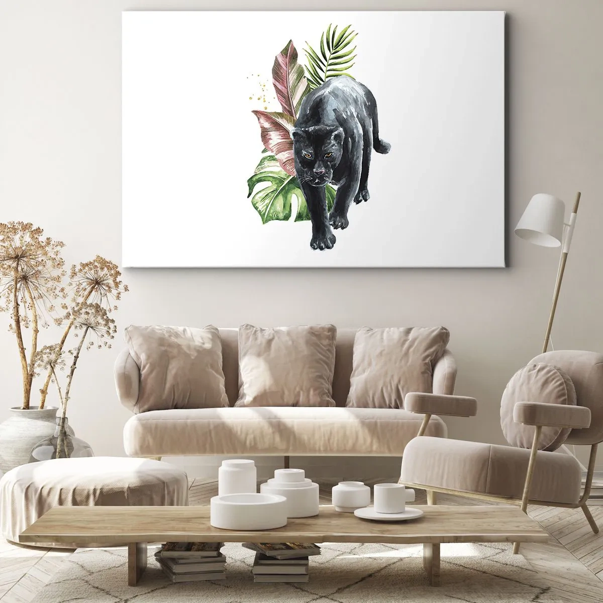 Obraz na plátně - Černý panter obklopený tropickými listy - 70x50cm - Zběsilost v srdci - Moderní nástěnná dekorace do obývacího pokoje a ložnice ARTTOR