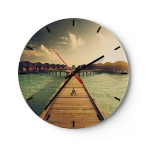 Nástěnné hodiny - Molo vedoucí k vodním domům ve světle západu slunce - 30x30cm - Vřelé pozvání - Moderní nástěnná dekorace do obývacího pokoje, kuchyně a ložnice ARTTOR