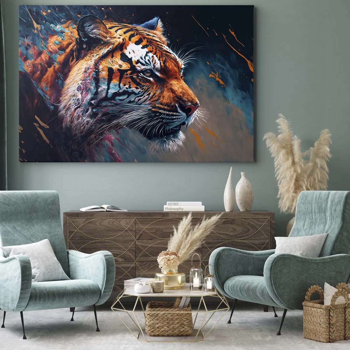 Obraz na plátně - Portrét tygra v dynamických, abstraktních barvách - 70x50cm - Divoká krása - Moderní nástěnná dekorace do obývacího pokoje a ložnice ARTTOR
