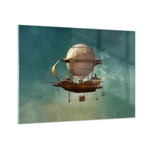 Obraz na skle - Létající vzducholoď s domem v retro stylu na obloze - 70x50cm - Julius Verne zdraví - Moderní nástěnná dekorace do obývacího pokoje a ložnice ARTTOR