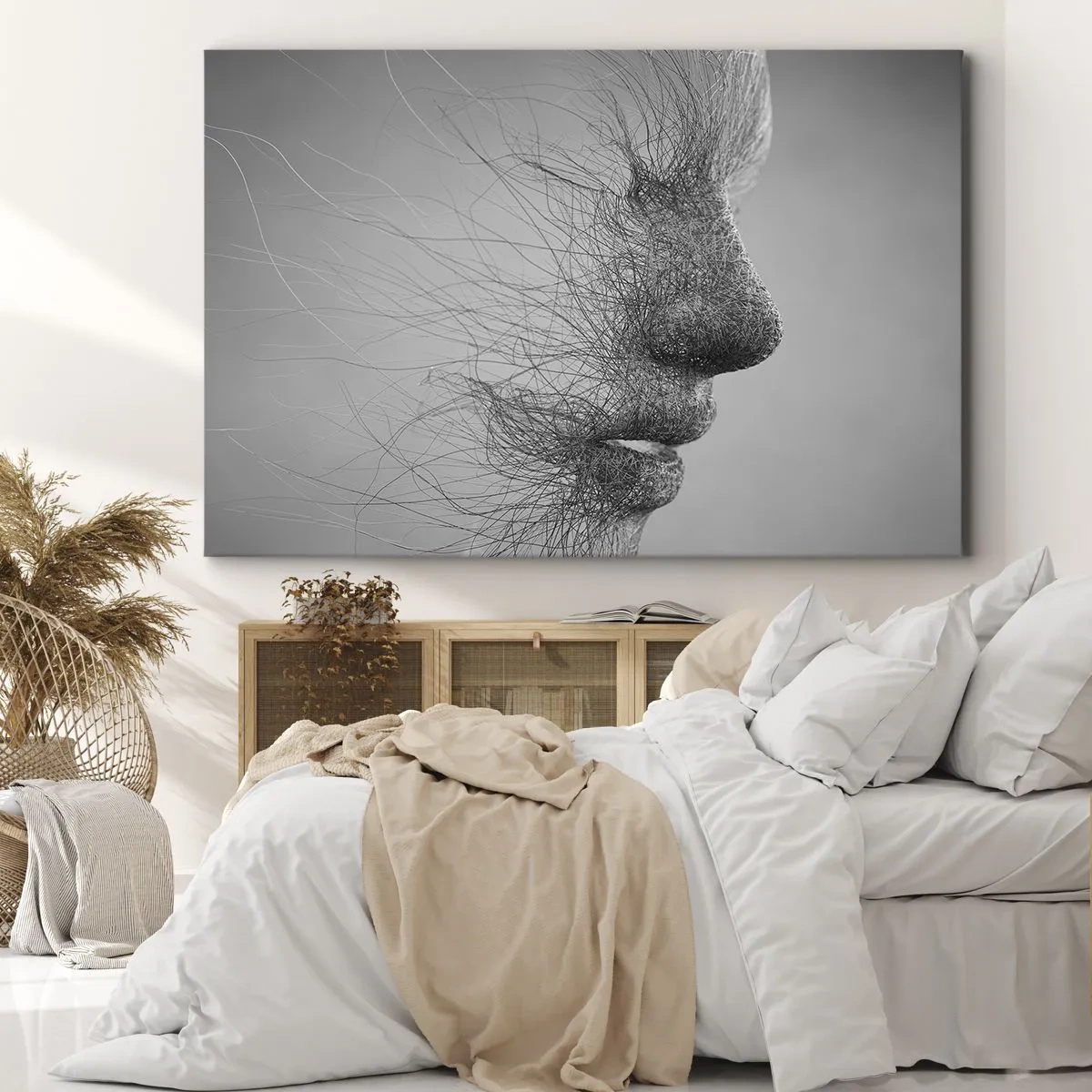 Obraz na plátně - Umělecký profil obličeje vytvořený jemnými liniemi - 70x50cm - Duch větru - Moderní nástěnná dekorace do obývacího pokoje a ložnice ARTTOR