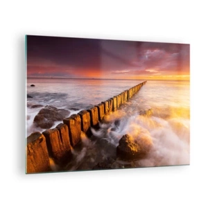 Obraz na skle - Západ slunce nad mořem s dřevěným vlnolamem - 70x50cm - Jemnost vln - Moderní nástěnná dekorace do obývacího pokoje a ložnice ARTTOR