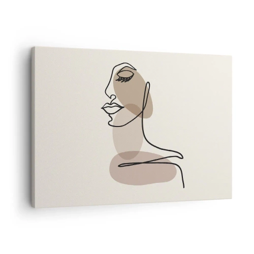 Obraz na plátně - Minimalistická ženská tvář s abstraktními skvrnami - 70x50cm - Při poslechu samé sebe - Moderní nástěnná dekorace do obývacího pokoje a ložnice ARTTOR