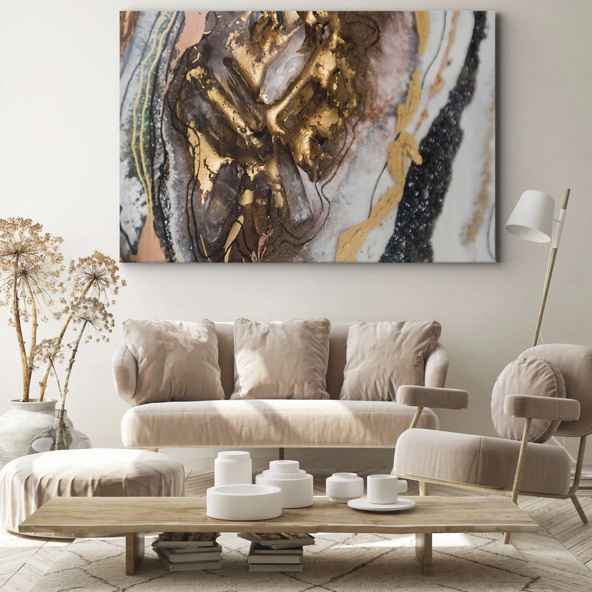 Obraz na plátně - Abstraktní kompozice s prvky zlata a krystalů - 70x50cm - Prvek země - Moderní nástěnná dekorace do obývacího pokoje a ložnice ARTTOR