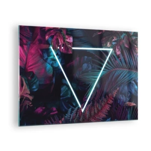 Obraz na skle - Neonový trojúhelník obklopený tropickými rostlinami v odstínech růžové a modré. - 70x50cm - Zahrada v disco stylu - Moderní nástěnná dekorace do obývacího pokoje a ložnice ARTTOR