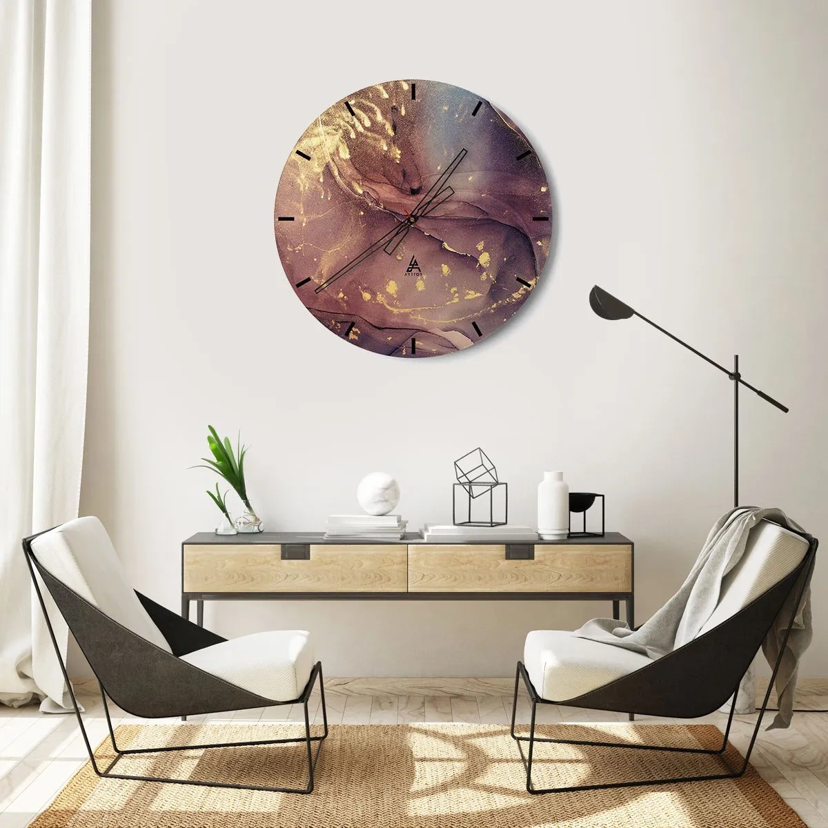 Nástěnné hodiny - Abstraktní kompozice s texturou a zlatými akcenty - 30x30cm - Hmota a duch - Moderní nástěnná dekorace do obývacího pokoje, kuchyně a ložnice ARTTOR