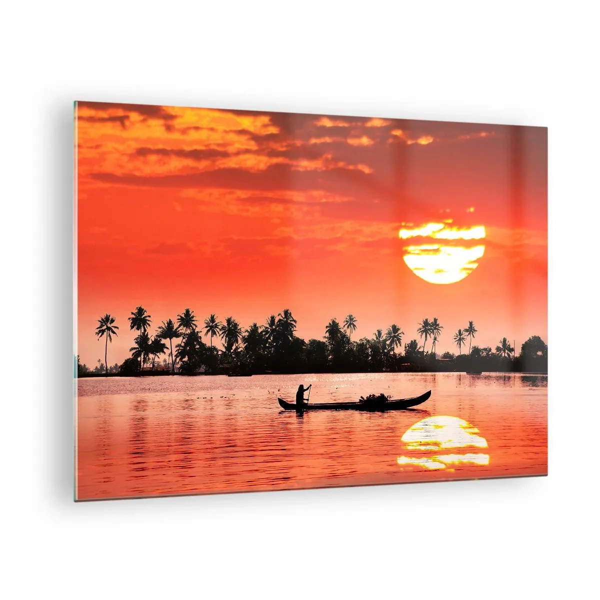 Obraz na skle - Západ slunce nad řekou s palmami a lodí - 70x50cm - Klid tropů při západu - Moderní nástěnná dekorace do obývacího pokoje a ložnice ARTTOR