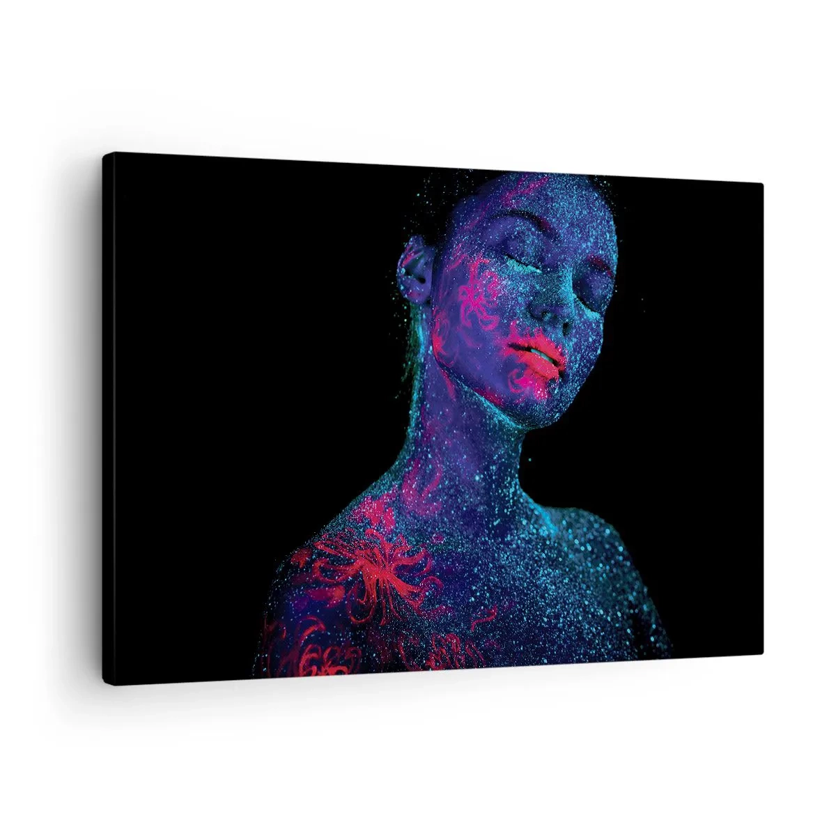 Obraz na plátně - Portrét ženy v neonových barvách na černém pozadí - 70x50cm - V hvězdném prachu - Moderní nástěnná dekorace do obývacího pokoje a ložnice ARTTOR