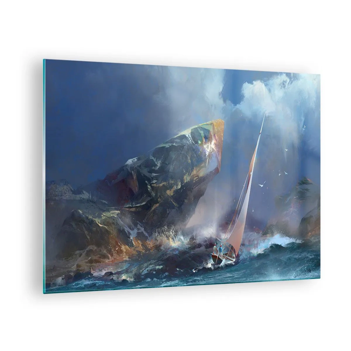 Obraz na skle - Plachetnice v bouři u skalnatého pobřeží - 70x50cm - Kdo má odvahu, vyhrává - Moderní nástěnná dekorace do obývacího pokoje a ložnice ARTTOR