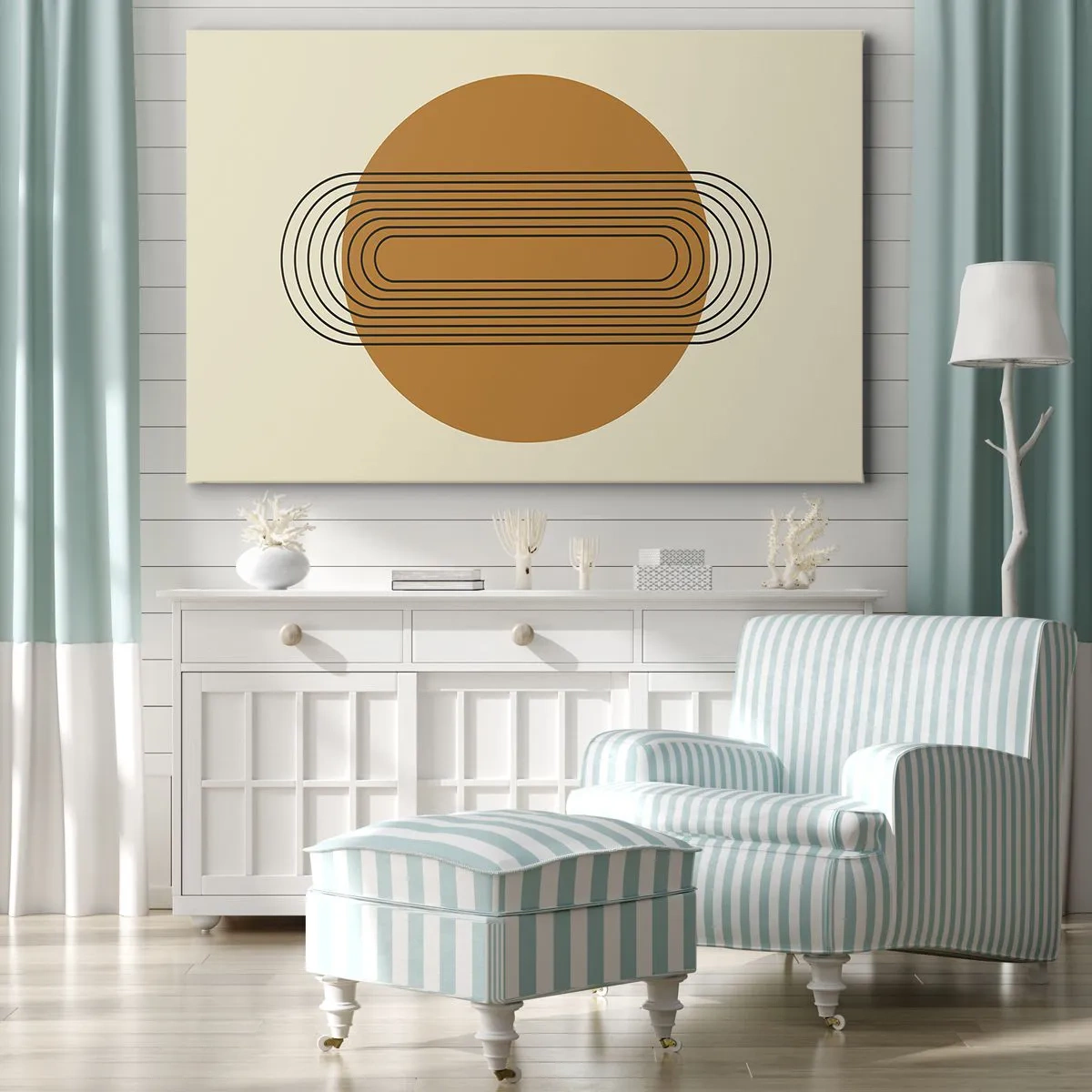 Obraz na plátně - Geometrický vzor s oranžovými kruhy a čarami - 70x50cm - Dokonalý plán - Moderní nástěnná dekorace do obývacího pokoje a ložnice ARTTOR