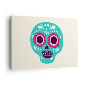 Obraz na plátně - Tyrkysová a fialová cukrová lebka inspirovaná mexickou kulturou - 70x50cm - Život – zábava až do smrti - Moderní nástěnná dekorace do obývacího pokoje a ložnice ARTTOR