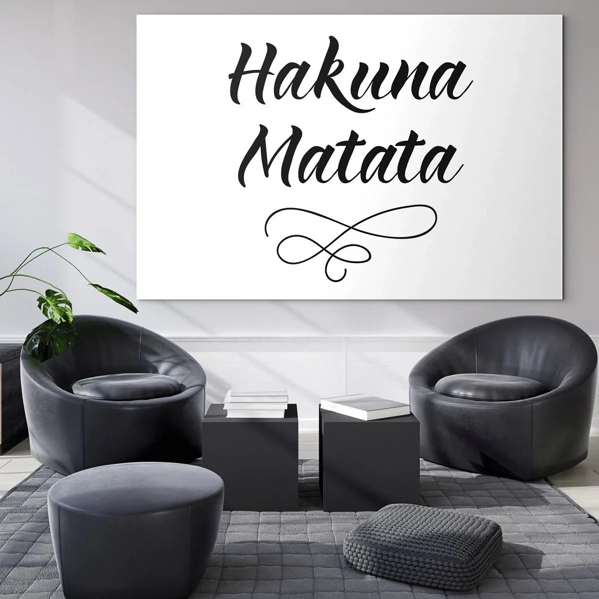 Obraz na skle - Nápis Hakuna Matata s ozdobným akcentem na bílém pozadí - 70x50cm - Nejlepší rada - Moderní nástěnná dekorace do obývacího pokoje a ložnice ARTTOR