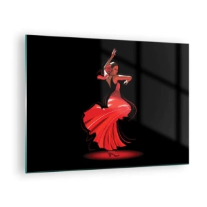 Obraz na skle - Flamenco tanečnice v červených šatech na černém pozadí - 70x50cm - Žhavá duše flamenco - Moderní nástěnná dekorace do obývacího pokoje a ložnice ARTTOR