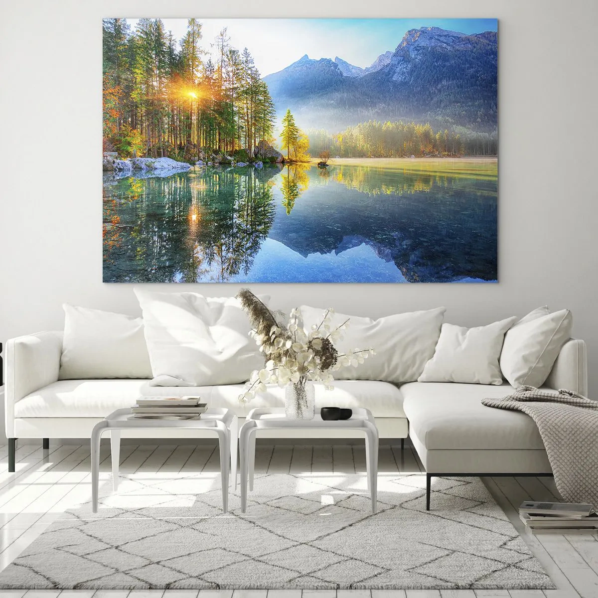 Obraz na skle - Horská krajina s jezerem a ranním sluncem - 70x50cm - Majestát a sladkost - Moderní nástěnná dekorace do obývacího pokoje a ložnice ARTTOR