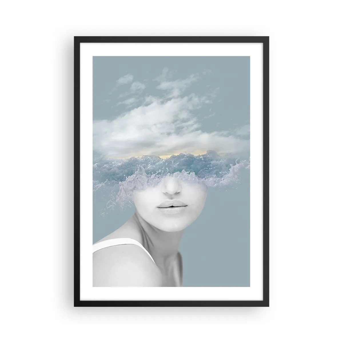 Plakát v černém rámu - Žena s očima jako oceánské vlny - 50x70cm - S hlavou v oblacích - Moderní nástěnná dekorace do obývacího pokoje a ložnice ARTTOR