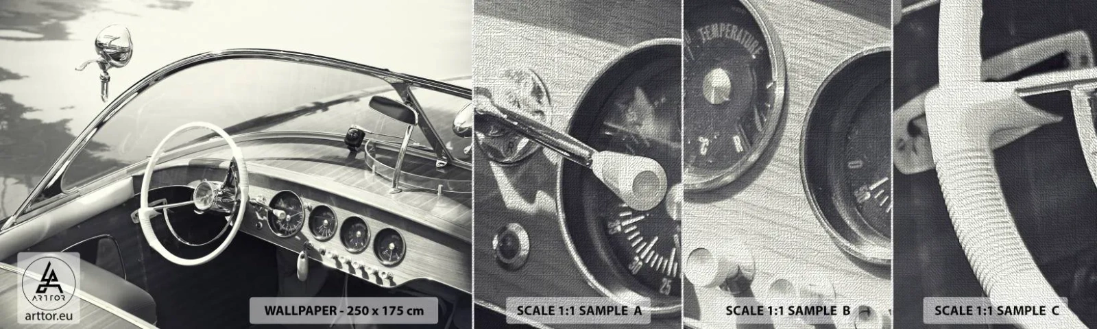 Vzor Fototapety Premium Canvas - Počasí pro bohaté - Vintage loď, Motorový člun, Černý a bílý - 100x30 cm