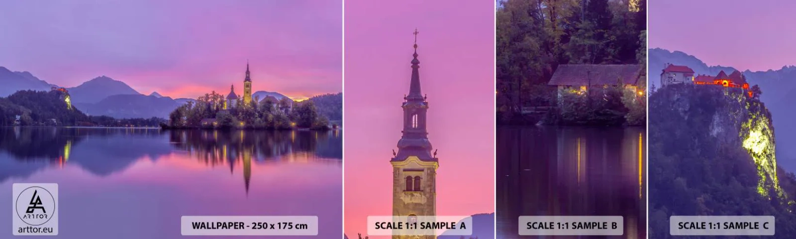 Vzor Fototapety Samolepicí Deluxe Sticker - Pohádkový ostrov za soumraku  - Krajina, Slovinsko, Ostrov Bled - 100x30 cm