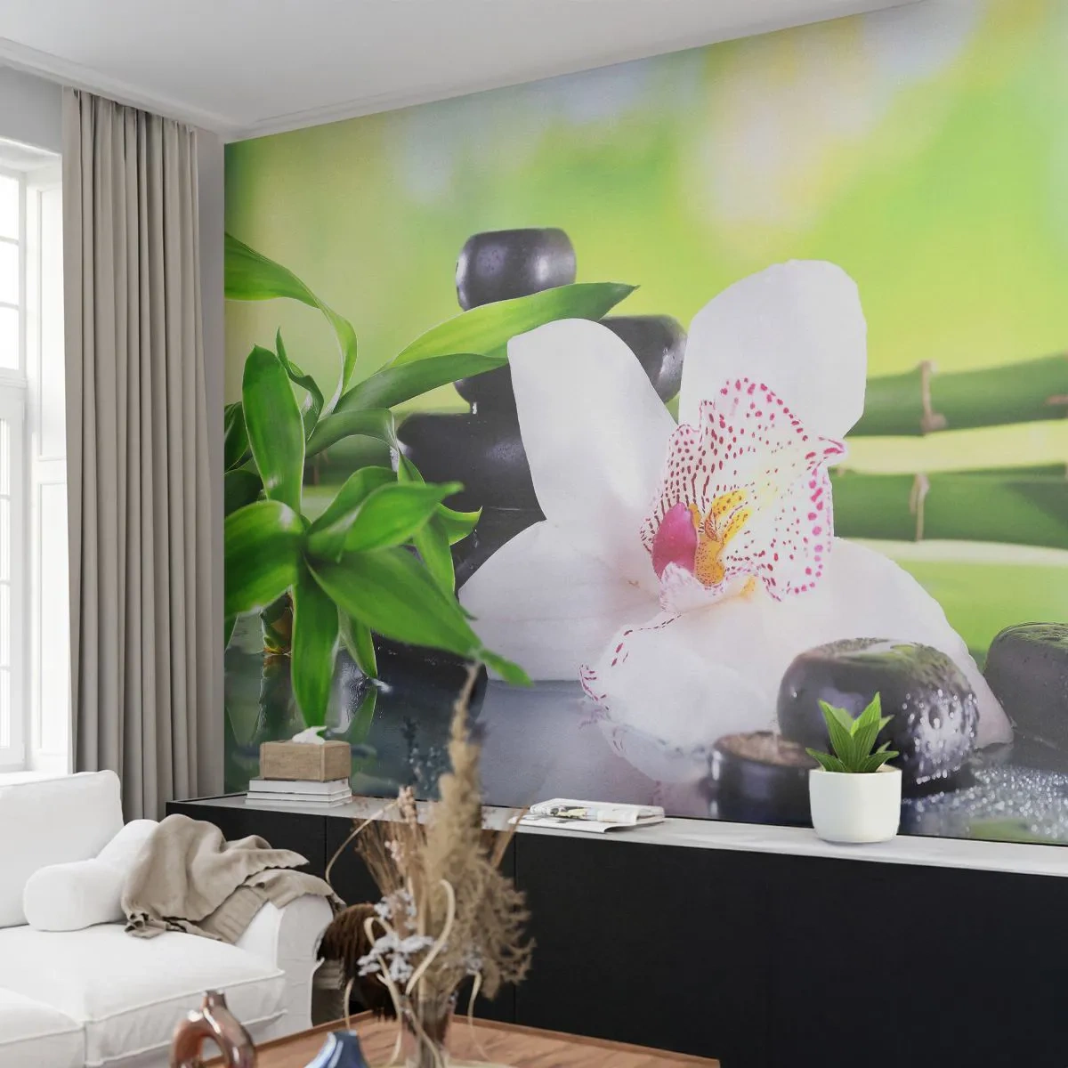 Fototapeta Samolepicí Deluxe Sticker - Chladná svěžest - Bambus, Květ, Orchidej - 250x175 cm