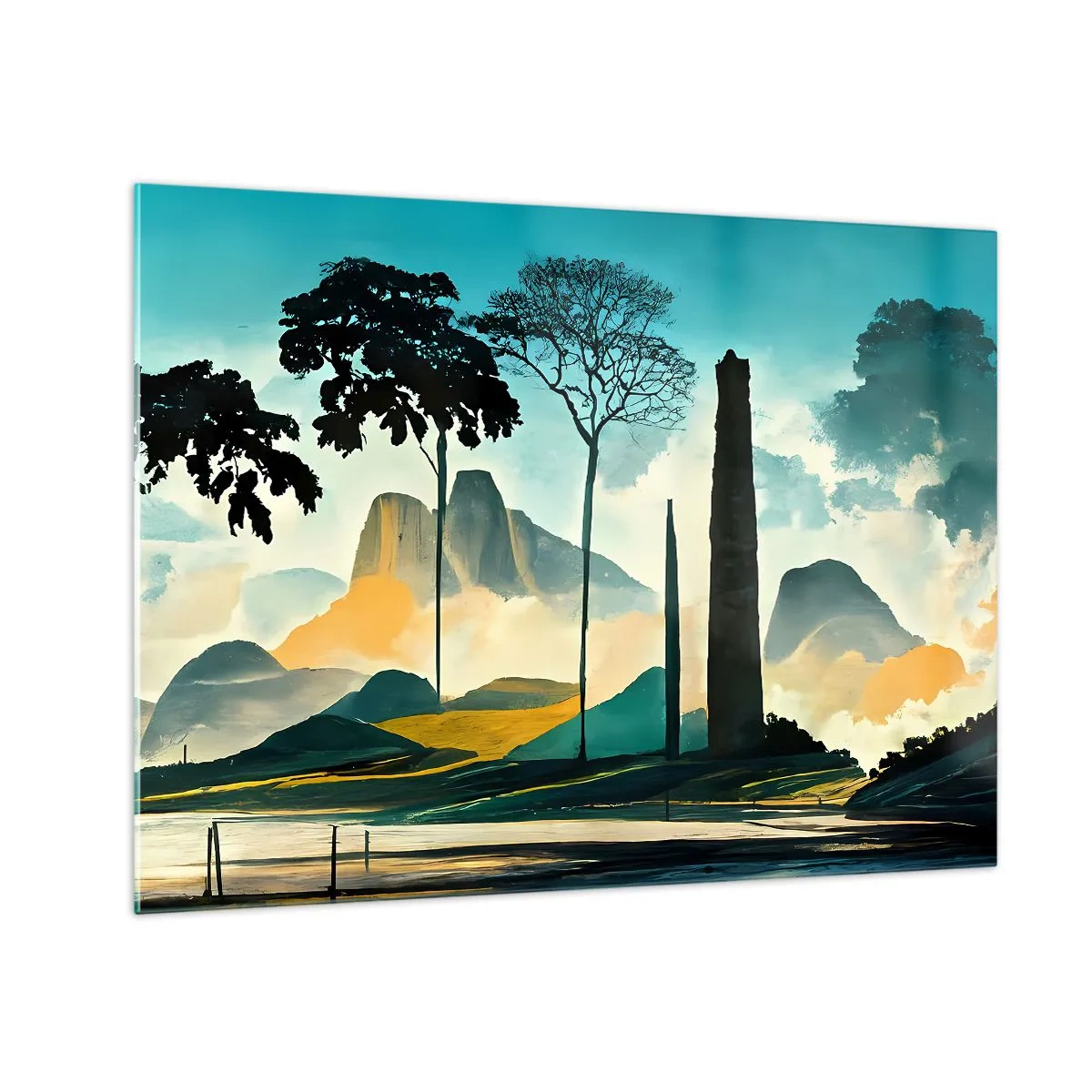 Obraz na skle - Fantastická krajina s horami, stromy a tyčící se skálou - 70x50cm - Výš a výš - Moderní nástěnná dekorace do obývacího pokoje a ložnice ARTTOR