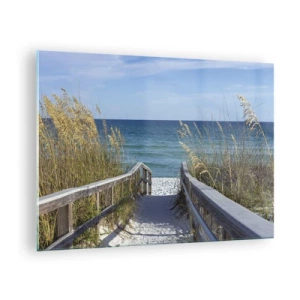 Obraz na skle - Cesta k pláži s výhledem na moře - 70x50cm - Na slunci, ve větru - Moderní nástěnná dekorace do obývacího pokoje a ložnice ARTTOR